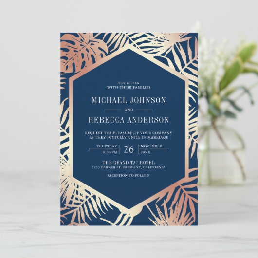 Navy Roos Gold Tropical Palm Alles in één bruiloft Kaart (Staand voorkant)