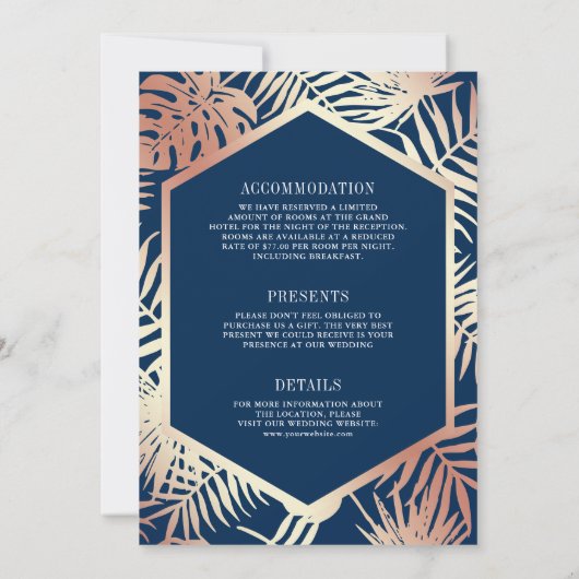 Navy Roos Gold Tropical Palm Alles in één bruiloft Kaart (Achterkant)