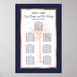 Navy Roos Gold Tropical Palm Wedding Seating Chart Poster