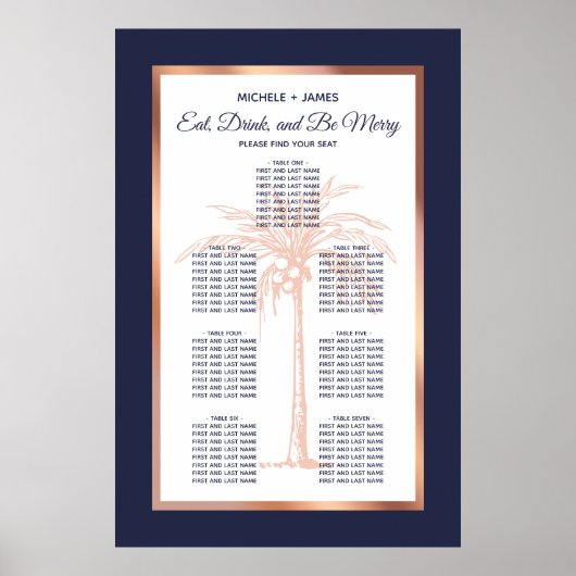 Navy Roos Gold Tropical Palm Wedding Seating Chart Poster (Voorkant)