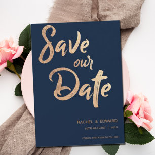 Navy Roos Gold Typography Wedding Save the Date