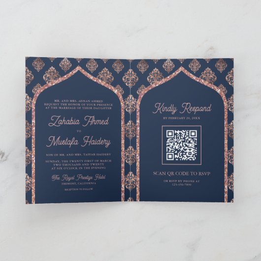 Navy Roos Goud Damask Arch QR Code Moslim Bruiloft (Binnen)