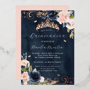 Navy Roos Goud Roze Bloemen Swirl Quinceanera Folie Uitnodiging