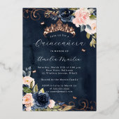 Navy Roos Goud Roze Bloemen Swirl Quinceanera Folie Uitnodiging (Voorkant)