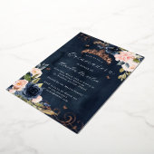 Navy Roos Goud Roze Bloemen Swirl Quinceanera Folie Uitnodiging (Gedraaid)