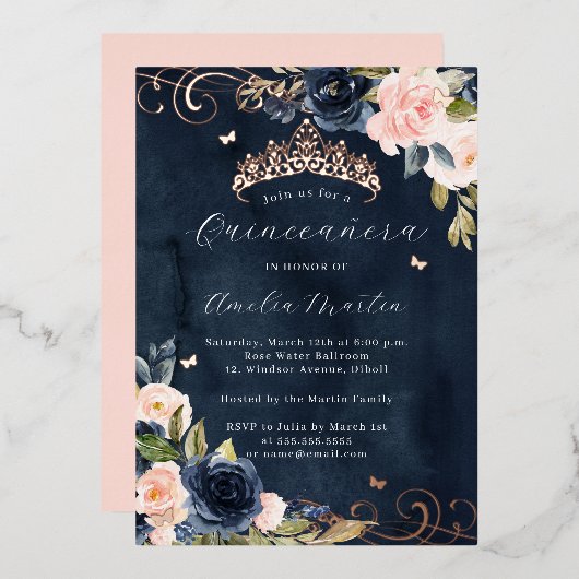 Navy Roos Goud Roze Bloemen Swirl Quinceanera Folie Uitnodiging (Voorkant / Achterkant)