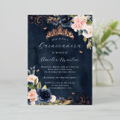 Navy Roos Goud Roze Bloemen Swirl Quinceanera Folie Uitnodiging (Staand Voorkant)
