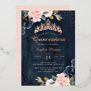 Navy Roos Gouden Bloemen Quinceanera Folie Uitnodi Folie Uitnodiging