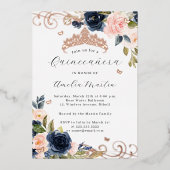 Navy Roos Gouden Blush Bloemwerveling Quinceanera Folie Uitnodiging (Voorkant)