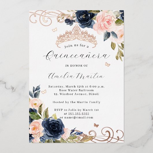 Navy Roos Gouden Blush Bloemwerveling Quinceanera Folie Uitnodiging (Voorkant)