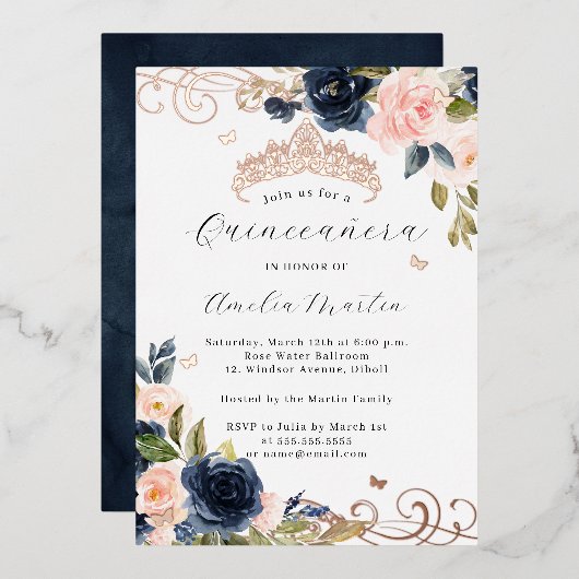Navy Roos Gouden Blush Bloemwerveling Quinceanera Folie Uitnodiging (Voorkant / Achterkant)
