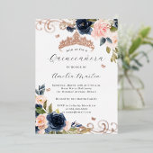 Navy Roos Gouden Blush Bloemwerveling Quinceanera Folie Uitnodiging (Staand Voorkant)