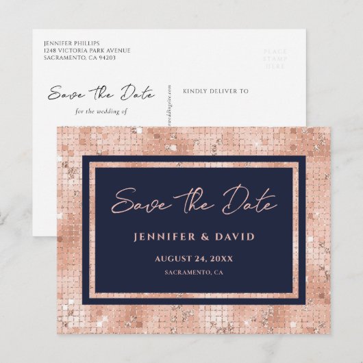 Navy Roos Gouden Folie Glitter Bruiloft Save The D Aankondigingskaart (Voorkant / Achterkant)