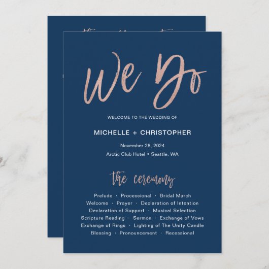 Navy & Roos Gouden Glam Wij Doen Huwelijksprogramm Aankondiging (Voorkant / Achterkant)