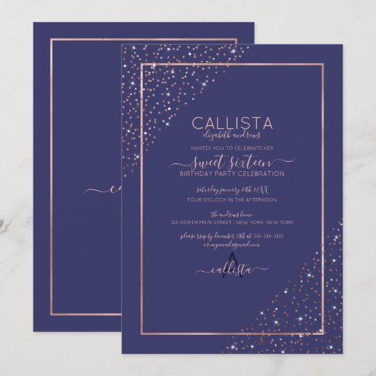 Navy Roos Gouden Glitter Confetti Corners Sweet 16 Kaart (Voorkant / Achterkant)