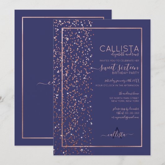 Navy Roos Gouden Glitter Confetti Side Sweet 16 Kaart (Voorkant / Achterkant)