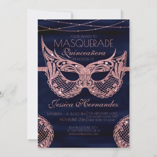 Navy Roos Gouden Glitter Kant Masquerade Quinceañe Kaart (Voorkant)