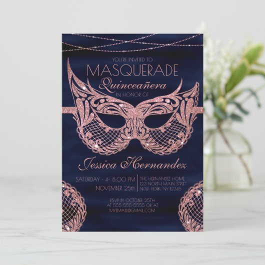 Navy Roos Gouden Glitter Kant Masquerade Quinceañe Kaart (Staand voorkant)
