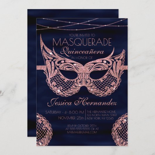 Navy Roos Gouden Glitter Kant Masquerade Quinceañe Kaart (Voorkant / Achterkant)