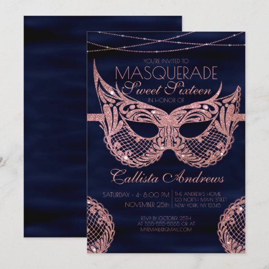 Navy Roos Gouden Glitter Kant Masquerade Sweet 16 Kaart (Voorkant / Achterkant)