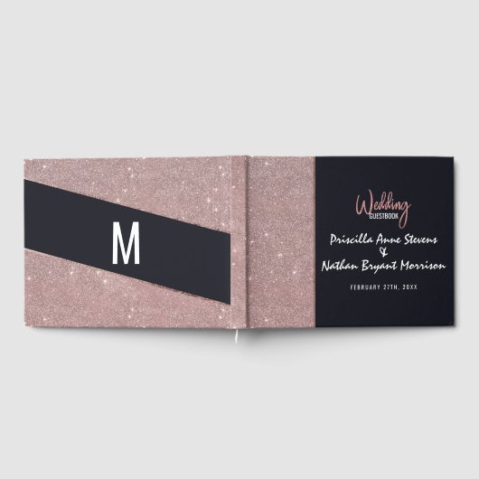 Navy Roos Gouden Glitter Kleur Blok Bruiloft Gastenboek (Volledig)