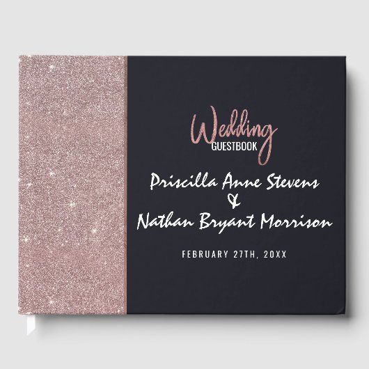 Navy Roos Gouden Glitter Kleur Blok Bruiloft Gastenboek (Voorkant)