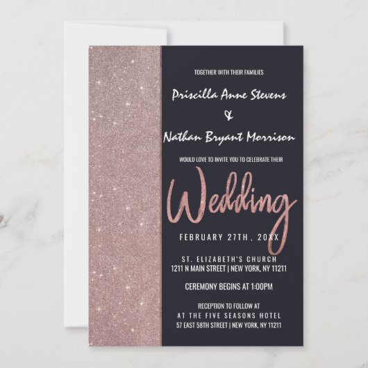 Navy Roos Gouden Glitter Kleur Blok Bruiloft Kaart (Voorkant)