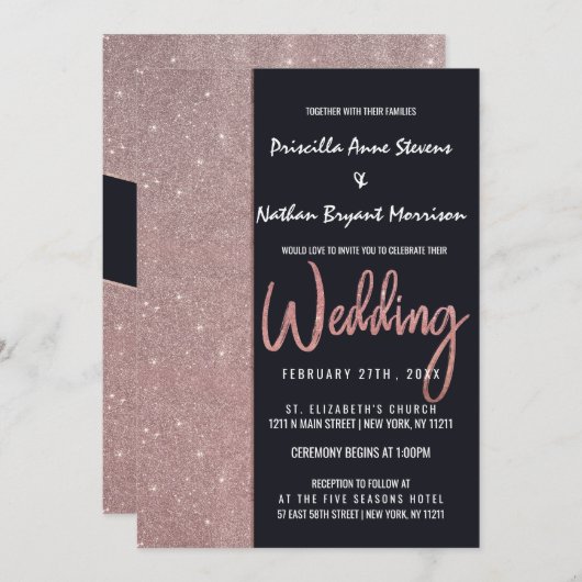 Navy Roos Gouden Glitter Kleur Blok Bruiloft Kaart (Voorkant / Achterkant)