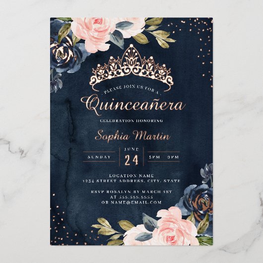 Navy Roos Gouden Waterverf Quinceanera Folie Uitnodiging (Voorkant)