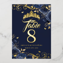Navy Roos Swirl Quinceanera Gold Tafelnummer