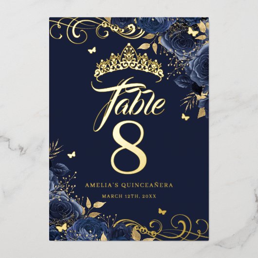 Navy Roos Swirl Quinceanera Gold Tafelnummer (Voorkant)