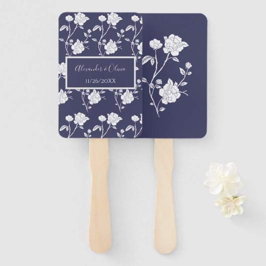 Navy Roos Wedding Favor Hand Fan Handwaaier (Voorkant en achterkant)