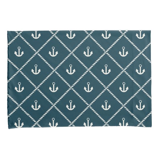 Navy Rope en Anchor Pattern Kussensloop (Voorkant-Rechts)