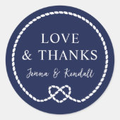 Navy Rope Heart nautische bruiloft dank u Ronde Sticker (Voorkant)