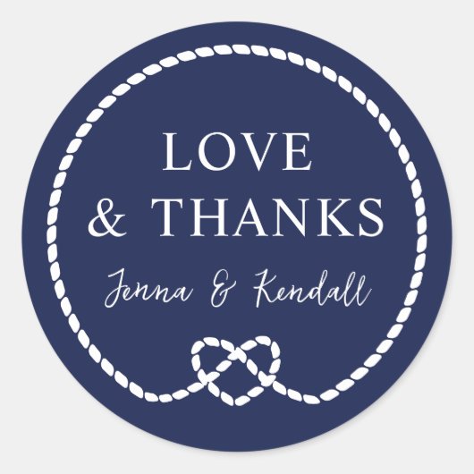 Navy Rope Heart nautische bruiloft dank u Ronde Sticker (Voorkant)