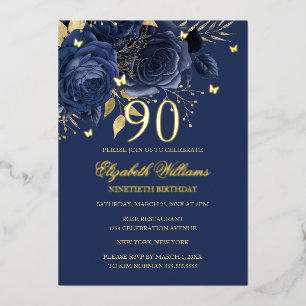 Navy Rose Bruisende Vlinder 90ste Verjaardag  Folie Uitnodiging