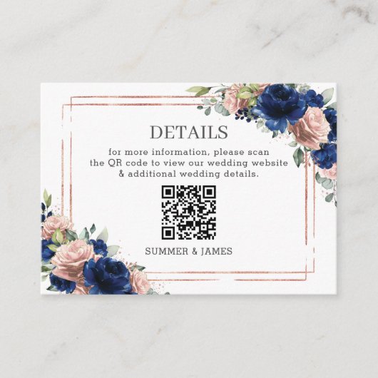 Navy Rose Gold Blush Floral Wedding Details QR  Informatiekaartje (Voorkant)
