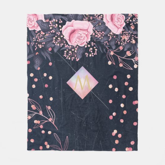 Navy Rosegold Monogram Gifts Girly Floral Pink Fleece Deken (Voorkant)