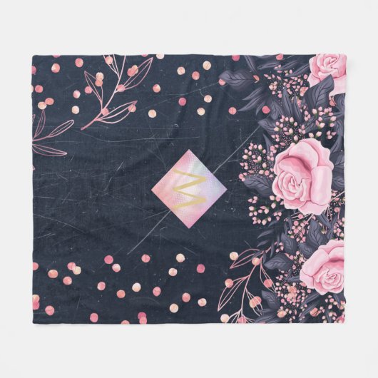 Navy Rosegold Monogram Gifts Girly Floral Pink Fleece Deken (Voorkant (Horizontaal))