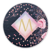 Navy Rosegold Monogram Gifts Girly Floral Pink Keramische Knop (Voorkant)