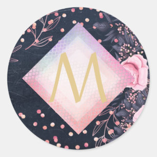 Navy Rosegold Monogram Gifts Girly Floral Pink Ronde Sticker