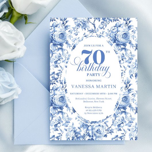 Navy Roses 70th Birthday Chic Floral Invitation Kaart