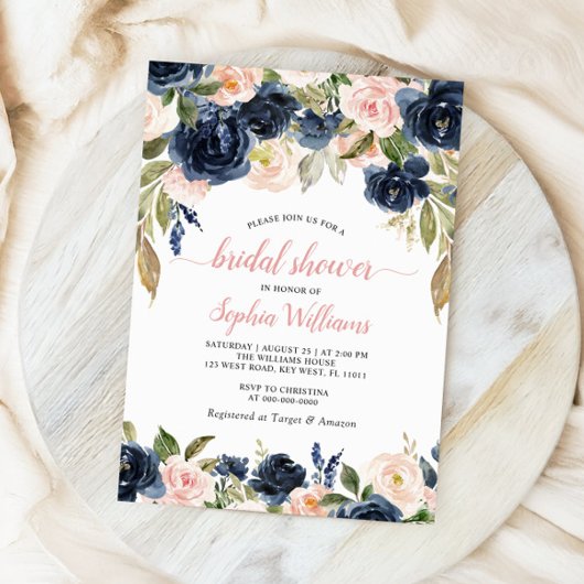 Navy & Roses Floral Bridal Shower Kaart