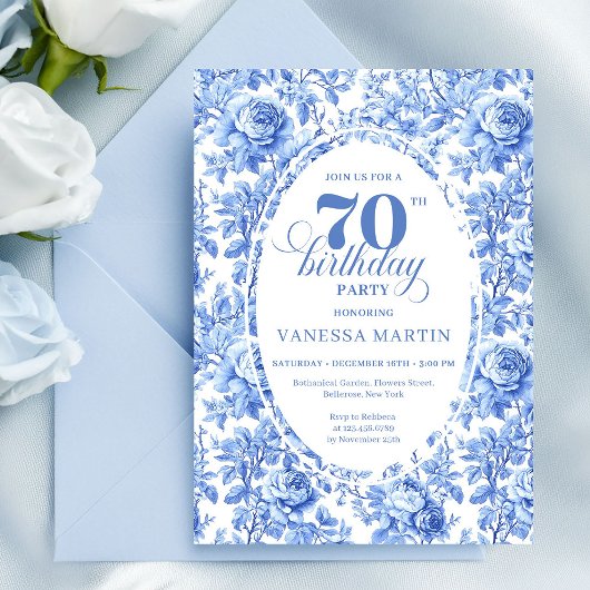 Navy Roses Vintage 70th Birthday Invitation Kaart