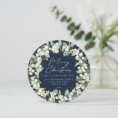 Navy Round Snowberry+Eucalyptus Christmas Wreath Feestdagenkaart (Staand voorkant)