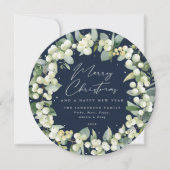 Navy Round Snowberry+Eucalyptus Christmas Wreath Feestdagenkaart (Voorkant)