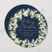 Navy Round Snowberry+Eucalyptus Christmas Wreath Feestdagenkaart (Voorkant / Achterkant)