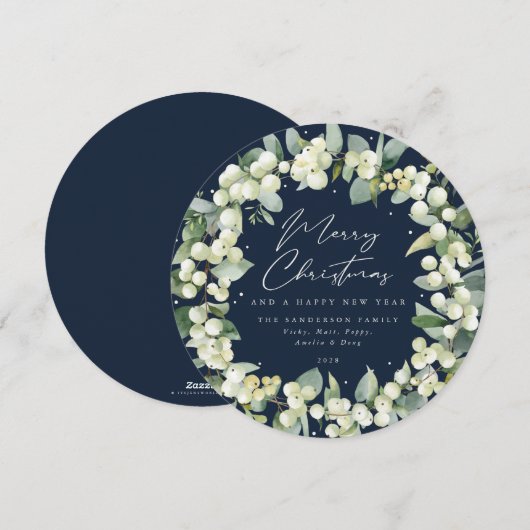 Navy Round Snowberry+Eucalyptus Christmas Wreath Feestdagenkaart (Voorkant / Achterkant)