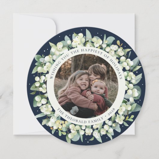 Navy Round/Square Snowberry+Eucalyptus Photo Feestdagenkaart (Voorkant)