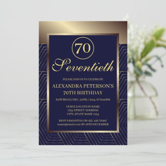 Navy Royal blauw en goud patroon grens verjaardag Kaart (Staand voorkant)